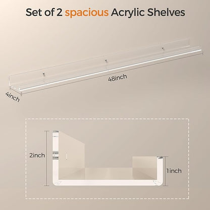 48 Inches Clear Acrylic Floating Shelves Wall, Bookshelf for Kids, Nursery Book Shelves, Magazine Rack, Picture Ledge Shelf for Photo Frames Vinyl Records, Pack of 2