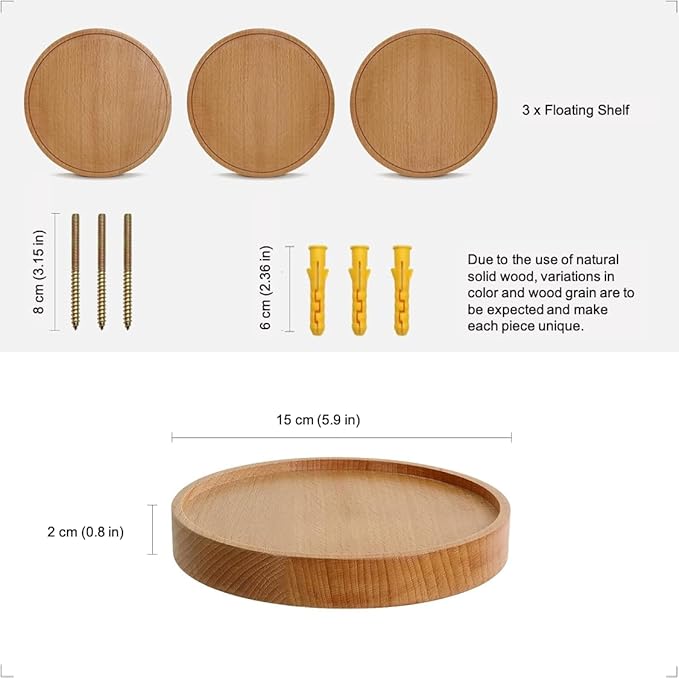 Set of 3 Modern Beechwood Floating Shelves, Round, 5.9 x 0.82 Inch, Oil Rubbed Finish, Wall Mounted, Holds Up to 15kg Each