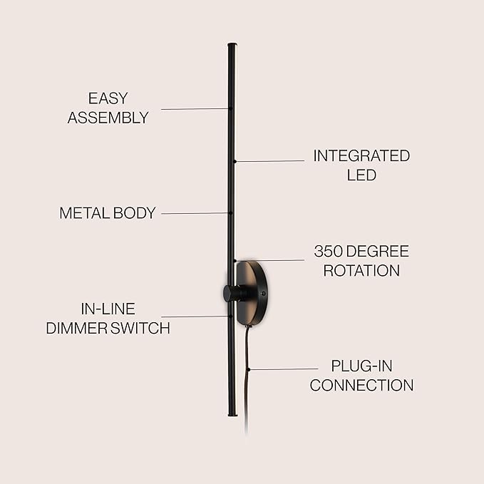 JONATHAN Y 27.25" Black Modern Integrated LED Wall Sconce, Minimalist Plug-in Adjustable Bar Lamp for Bedroom Living Room, Dimmable Iron Metal Wall Light, 3000K JYL7136A