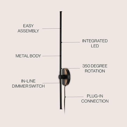 JONATHAN Y 27.25" Black Modern Integrated LED Wall Sconce, Minimalist Plug-in Adjustable Bar Lamp for Bedroom Living Room, Dimmable Iron Metal Wall Light, 3000K JYL7136A