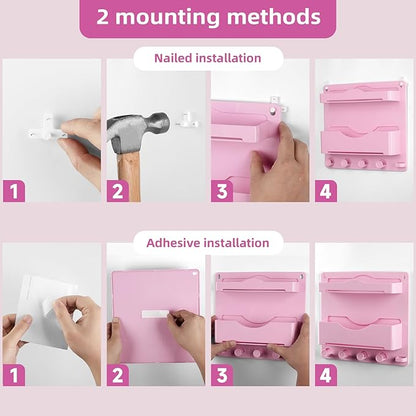 JUMEIHUI Pink Bedside Shelf Organizer - Wall Mount Phone Holder with Glasses Hook & 50 Motivational Stickers for Girls Bedroom Dorm Decor