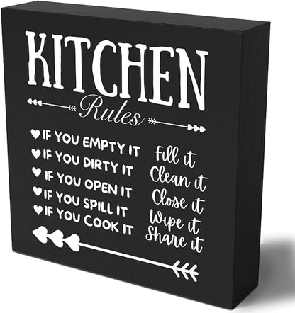 Funny Kitchen Decor Rustic Kitchen Decorations Wood Sign Desk Decor Farmhouse Black Wooden Box Sign for Home Dining Room Coffee Shelf Table Bar Living Room Counter Housewarming Gift