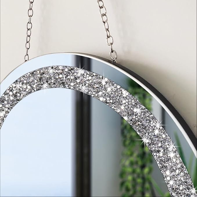 Crystal Crush Diamond Silver Mirror 2 Pack Diameter 12inch Round Shape with Iron Chain Real Glass Mirror for Wall Decor