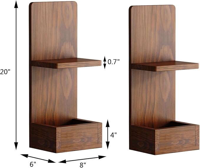 2-Tier Walnut Floating Wall Shelf, 20x8x6 Wall-Mounted Wooden Beside Shelf/Nightstand for Home Décor, Plants, Cosmetics, Bathroom, Kitchen, Bedroom Storage (Walnut with Box)