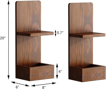 2-Tier Walnut Floating Wall Shelf, 20x8x6 Wall-Mounted Wooden Beside Shelf/Nightstand for Home Décor, Plants, Cosmetics, Bathroom, Kitchen, Bedroom Storage (Walnut with Box)