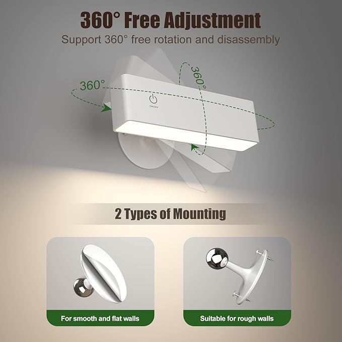 YiLaie LED Wall Sconce, Wall Mounted Lamp with 4000 mAh Battery Operated Wall Sconce Touch Controls & Brightness Adjustment, 360° Rotate Cordless Battery Wall Lamps for Bedroom, BedsideReading-White