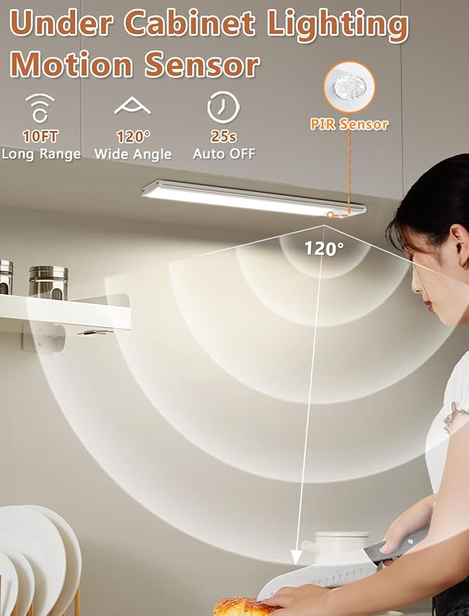 Under Cabinet Rechargeable Lighting: Motion Sensor Dimmable Lights Indoor - Battery Operated Lights - Wireless Activated Closet Light Magnetic Led Light for Kitchen Home Bathroom Counter 3 Pack