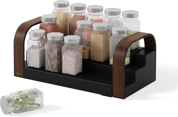 Umbra Bellwood Three-Tier Spice Shelf, Expandable Design Made of Durable Plastic and Wood, Black/Walnut