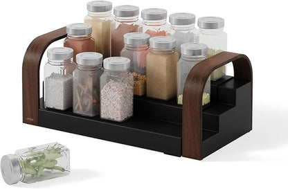 Umbra Bellwood Three-Tier Spice Shelf, Expandable Design Made of Durable Plastic and Wood, Black/Walnut