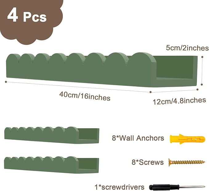 Scalloped Shelves for Nursery - Wall Book Shelves for Bedroom Kids, Nursery Bookshelf for Wall Set of 4, Floating Book Shelves Solid Wood,16 Inch, Sage