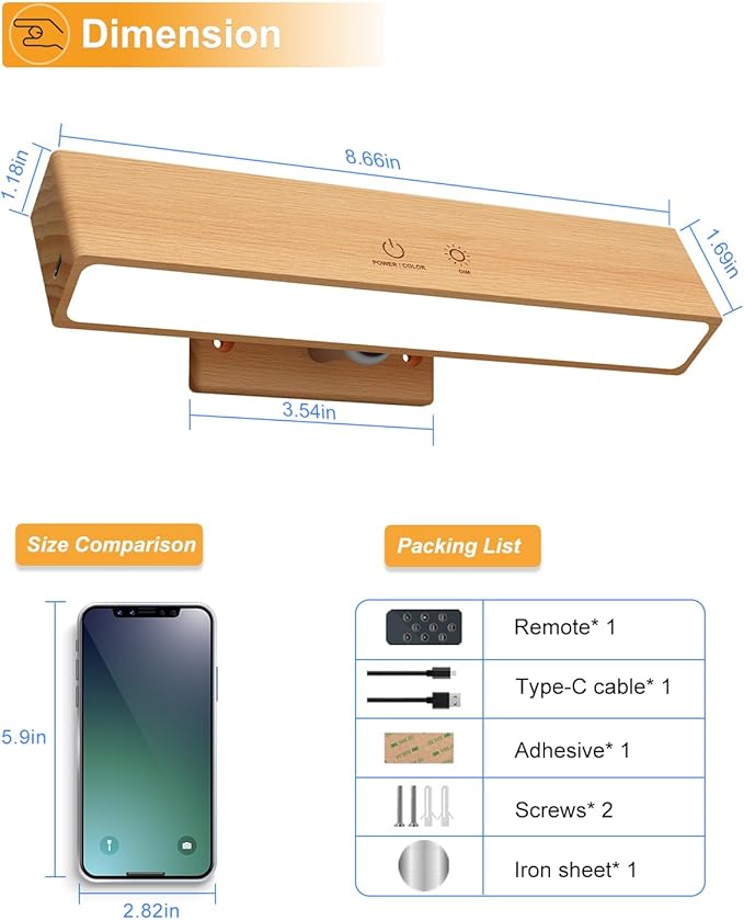 Rechargeable Wood Wall Lights with Remote & Touch, 5200mAh Battery Operated Wall Sconce 3 Color Temperatures & RGB. Magnetic, Stick-On, Dimmable Wall Reading Lamp for Bedroom, Living Room, Picture