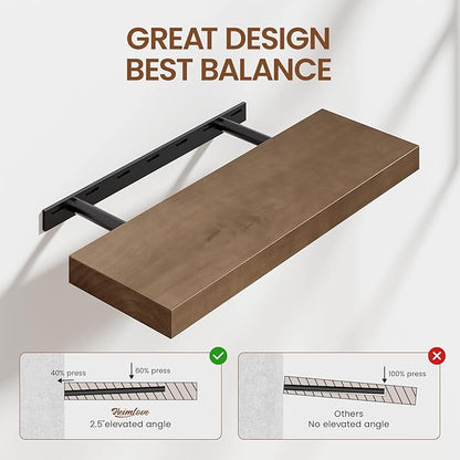 Heimlove 24 Inch Floating Shelves for Wall Walnut Shelves Set of 2,Wall Mounted Rustic Wood 8 Inch Deep Floating Shelf with Invisible Brackets for Bedroom Kitchen Living Room