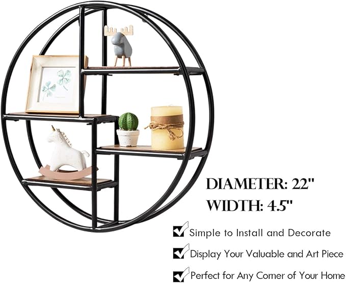 Tangkula Round Wall Shelf, Wall-Mounted Circular Shelf, Wood & Iron Wall Hanging Shelves, 4-Tier Circle Shelf Wall Decor for Home Office, Circular Floating Shelves (1, Black)