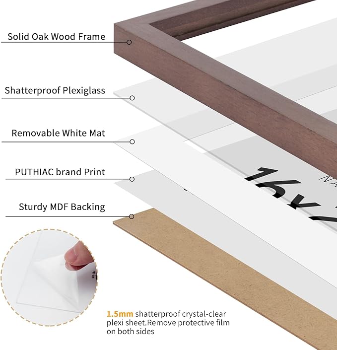 puthiac 16x20 Solid Oak Wood Picture Frame, Fits 12x16 with Mat or 16x20 Without Mat, Wall Display Only, Vertical or Horizontal, Plexi Front, 3 Pack, Walnut