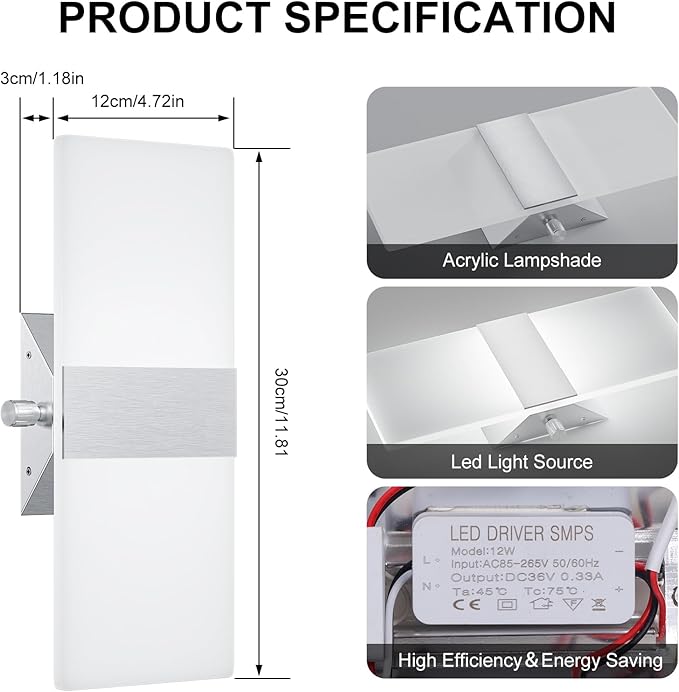 ChangM Modern Wall Sconces Set of Two, 12W Acrylic Led Wall Light, Equipped with a Rotary Switch to Adjust Brightness 10%-100%, Indoor Wall Mounted Lights Hardwired 6000K Cool White