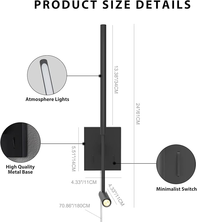 ZEROUNO Modern Plug in Wall Sconce Indoor Wall Light, Minimalist LED Line Wall Lamp with Switch, Adjustable Matte Black Wall lamp for Living Room Bedroom Hallway Reading etc