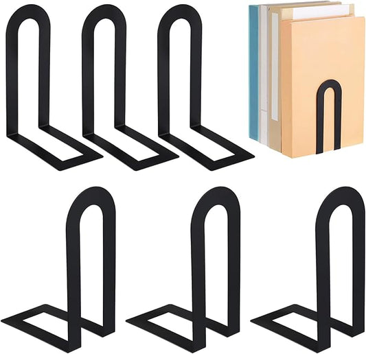 Chunful 6 Pcs Modern Metal Book Ends for Shelves Decorative Small Bookends Book Shelf Organizer Minimalist Design Stopper to Hold Books for Home Office (Black,5.5 * 3.75 * 2.25inch)