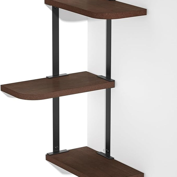 Love-KANKEI Corner Shelf Wall Mount of 3 Tier Rustic Wood Floating Shelves for Bedroom Living Room Bathroom Kitchen Office and More Dark Walnut