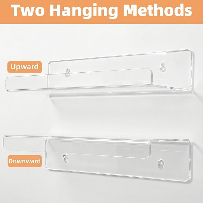 Acrylic Floating Shelves, Adhesive Wall Mount Command Shelves for Bathroom, Kitchen, Dorm - Renter-Friendly Easy Install Wall Shelves for Home Decor and Organization (Fully Clear-2 Pack)