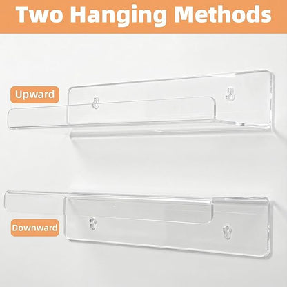 Acrylic Floating Shelves, Adhesive Wall Mount Command Shelves for Bathroom, Kitchen, Dorm - Renter-Friendly Easy Install Wall Shelves for Home Decor and Organization (Fully Clear-2 Pack)