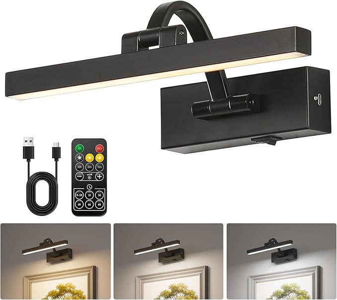 LED Wireless Picture Light with Remote Control,USB Rechargeable Battery Powered Art Lights,Dimmable,Timing,Black Wall Lights for Paintings,Picture Frame,Gallery(Black, 11.62inch)