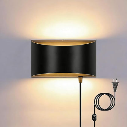 Lightess Wall Lamp Plug in 12W Modern LED Wall Lights Dimmable Indoor Up Down Wall Lamp for Bedroom Living Room Hallway, Black, Warm White