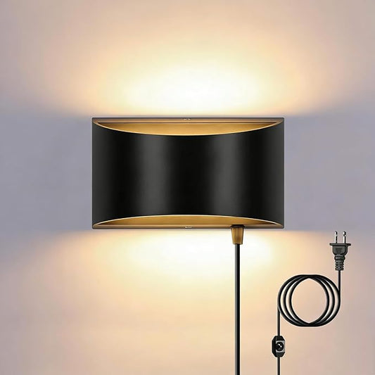 Lightess Wall Lamp Plug in 12W Modern LED Wall Lights Dimmable Indoor Up Down Wall Lamp for Bedroom Living Room Hallway, Black, Warm White