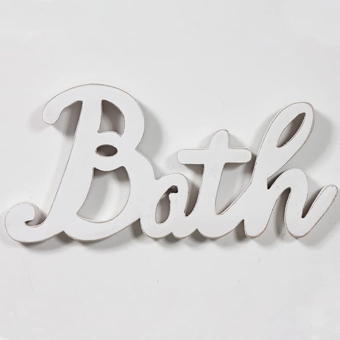 Rustic Bath Signs for Bathroom 14 inches, Hanging Distressed White Bathroom Sign Decor for Shelf, Wooden Wall Signs for Home Decor, Decorative House Sign