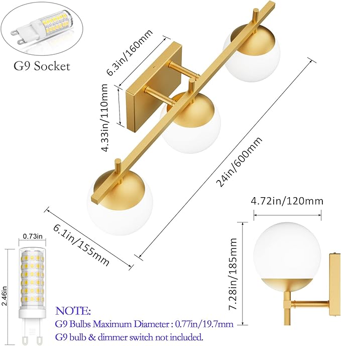 Ralbay Mid Century Modern Gold Bathroom Light Fixtures Gold Milky Glass Modern Bathroom Vanity Lights Over Mirror, Gold 3-Light (Exclude Bulb)