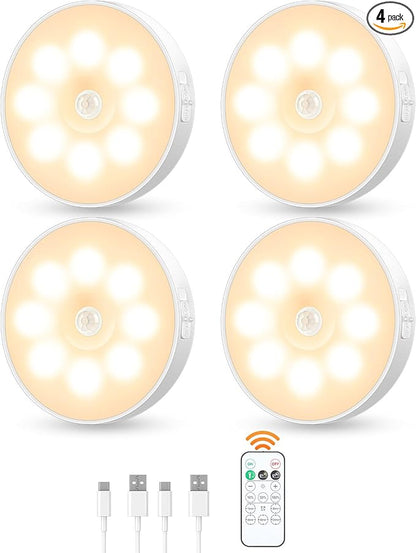 Motion Sensor Puck Light with Remote, Wireless Dimmable Under Cabinet Lighting, Rechargeable Magnetic Closet Night Light, 4-Pack, Warm White