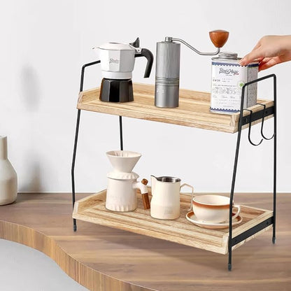 2-Tier Coffee Station Organizer for Countertop, Wooden Coffee Bar Organizer with 2 Cup Hooks, Countertop Storage for Bathroom, Kitchen, Holiday Decorations