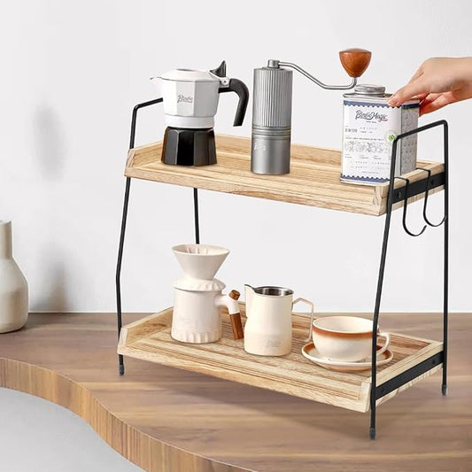 2-Tier Coffee Station Organizer for Countertop, Wooden Coffee Bar Organizer with 2 Cup Hooks, Countertop Storage for Bathroom, Kitchen, Holiday Decorations