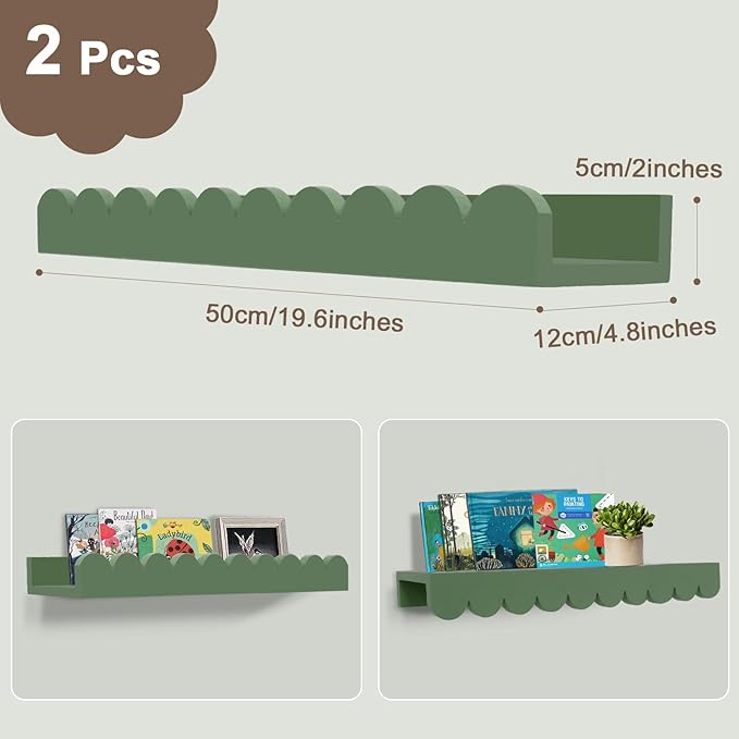 Nursery Book Shelves 20Inches, Scalloped Floating Shelves for Bedroom Kids, Nursery Shelves for Wall 2 Pack, Scalloped Shelf for Toddler Room, Baby Room, Sage, Large