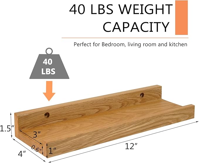 Floating Shelves Wall Mounted, 12 Inch Wall Shelves for Decor and Storage, Natural Solid Oak Wood Shelf, Picture Ledge for Bedroom/Bathroom/Living Room/Kitchen/Laundry Room, Natural Color