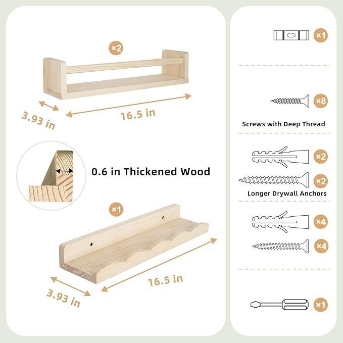 Floating Book Shelves for Wall, 16.5" Natural Wood Nursery Shelves for Book Storage, Solid Pine Wooden Floating Wall Bookshelf for Bedroom Living Room, Set of 2+1, Unfurnished - DIY