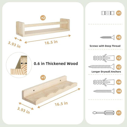 Floating Book Shelves for Wall, 16.5" Natural Wood Nursery Shelves for Book Storage, Solid Pine Wooden Floating Wall Bookshelf for Bedroom Living Room, Set of 2+1, Unfurnished - DIY