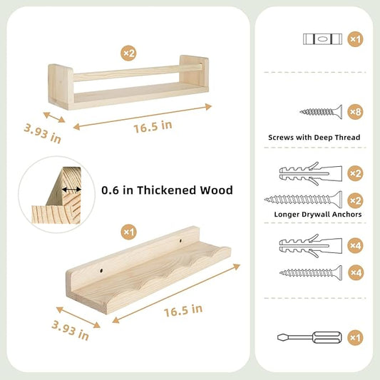 Floating Book Shelves for Wall, 16.5" Natural Wood Nursery Shelves for Book Storage, Solid Pine Wooden Floating Wall Bookshelf for Bedroom Living Room, Set of 2+1, Unfurnished - DIY