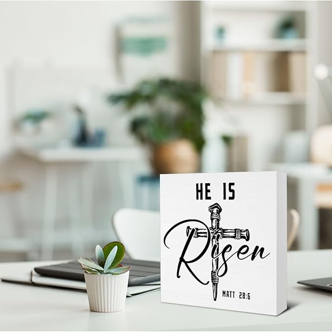 Easter Decor - Religious Gifts for Women Men - He Is Risen Matt 28:6 Wooden Sign Home Office Living Room Bedroom Kitchen Bathroom Desk Table Shelf Decor - 5 x 5 Inches