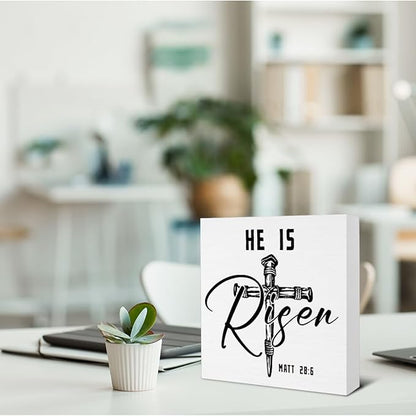 Easter Decor - Religious Gifts for Women Men - He Is Risen Matt 28:6 Wooden Sign Home Office Living Room Bedroom Kitchen Bathroom Desk Table Shelf Decor - 5 x 5 Inches