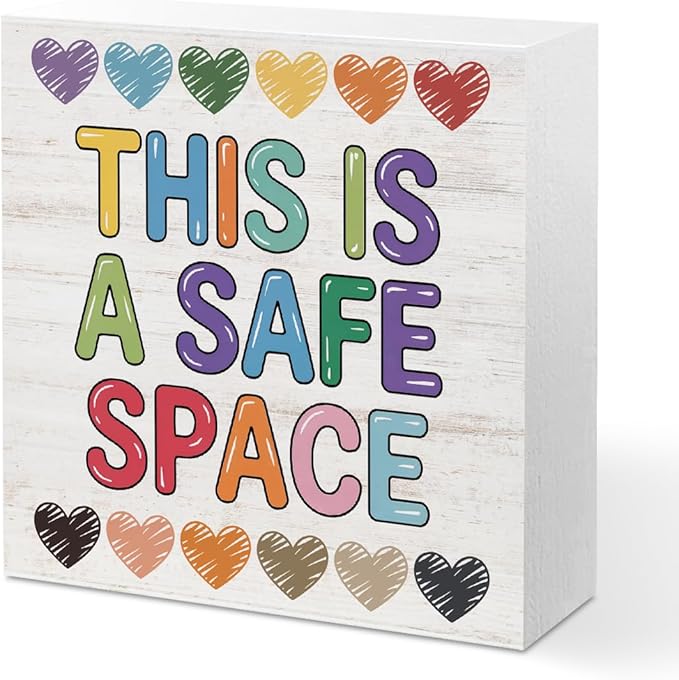 Therapy Office Decor Wood Box Sign,This Is a Safe Space Print Offices Wooden Box Office Desk Decorative Signs for Classroom Therapy Office, Boho Educational Gifts for School Counselor Psychologist
