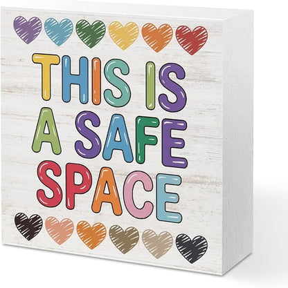 Therapy Office Decor Wood Box Sign,This Is a Safe Space Print Offices Wooden Box Office Desk Decorative Signs for Classroom Therapy Office, Boho Educational Gifts for School Counselor Psychologist