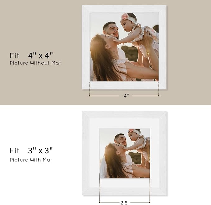 puthiac 4x4 Solid Oak Wood Picture Frame, Fits 3x3 with Mat or 4x4 Without Mat, Wall or Tabletop Display with Stand, Plexi Front, 3 Pack, White
