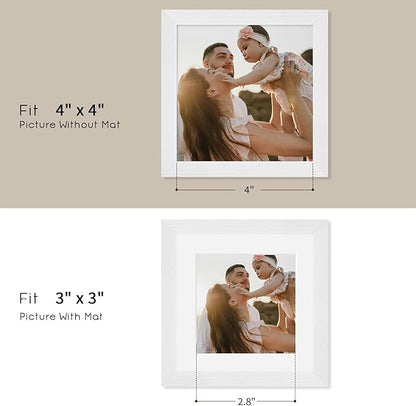 puthiac 4x4 Solid Oak Wood Picture Frame, Fits 3x3 with Mat or 4x4 Without Mat, Wall or Tabletop Display with Stand, Plexi Front, 1 Pack, White