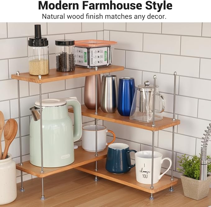 VINIUSIKI Adjustable 4 Tier L-Shaped Countertop Shelf Organizer, DIY Kitchen Corner Spice Rack for Countertop, Wood Coffee Counter Shelf Organizer for Home Office - 15.7