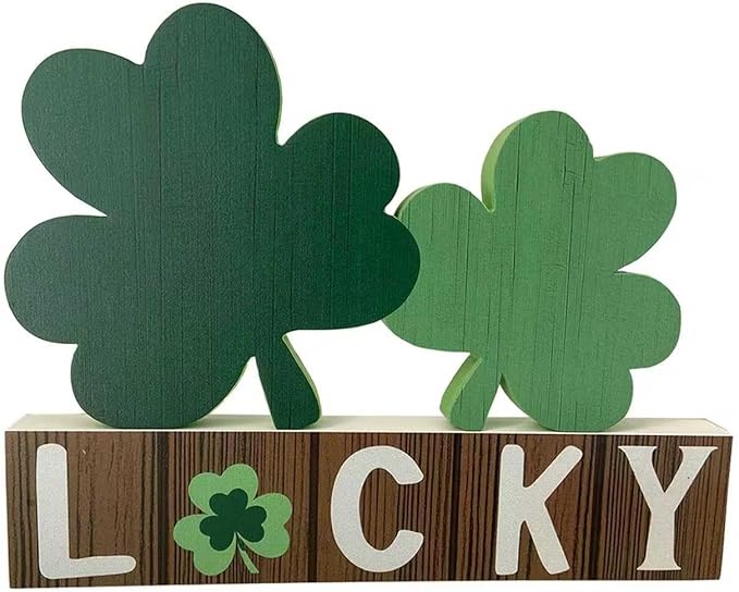 Lucky Wooden Sign St. Patrick's Day Table Decor Shamrock Home Office Table Top Decor Centerpiece Decorations for Tiered Trays Shelf Coffee Bar Mantle Windowsill