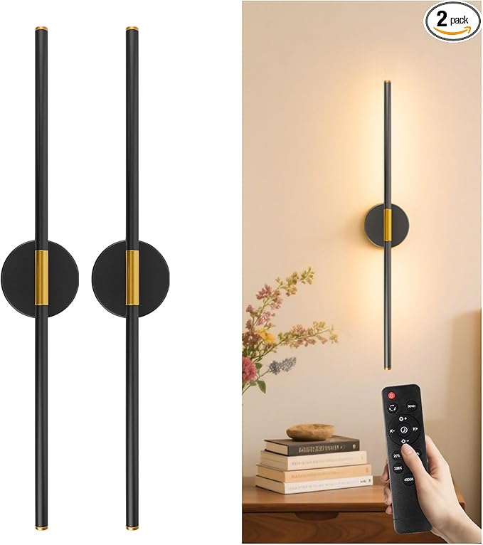 28.3" Battery Operated Wall Sconces Set of 2, 360°Rotation Rechargeable Wall Lights with Remote Control, 3000K-6500K LED Detachable Wall Lamp for Bedroom, Hallway, Black Gold