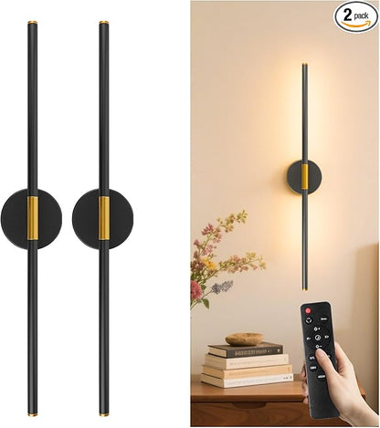 28.3" Battery Operated Wall Sconces Set of 2, 360°Rotation Rechargeable Wall Lights with Remote Control, 3000K-6500K LED Detachable Wall Lamp for Bedroom, Hallway, Black Gold