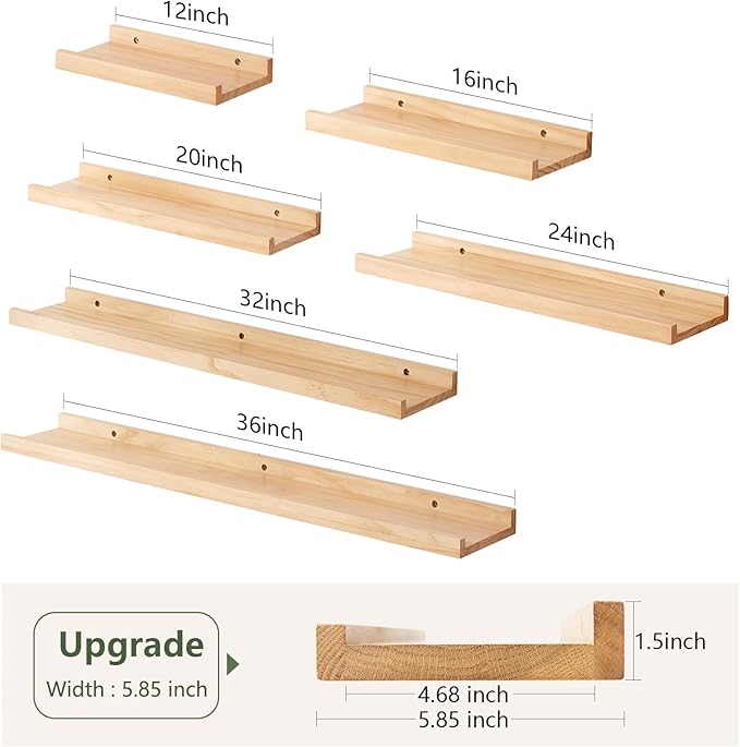 Wood Floating Shelves Set of 2 Pine Wood Wall Shelf 16 inches, Floating Shelf for Wall Mounted - Upgrade Width 5.85