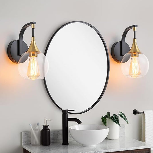 Modern Wall Sconce, Black and Gold Bathroom Vanity Lights with Clear Glass Shade, 1-Light Wall Light Fixture for Bathroom,Living Room, Hallway, Bedroom