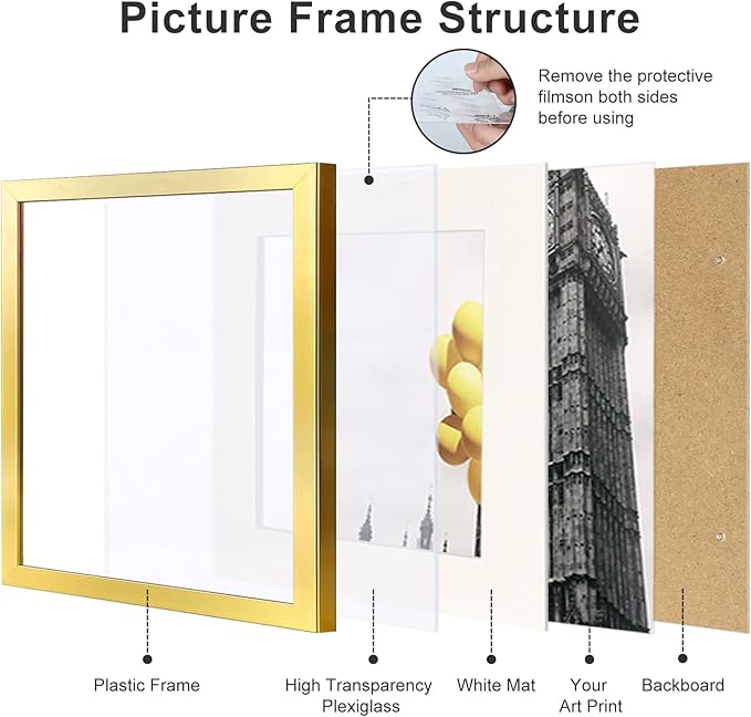 12x12 Picture Frame Set of 9, Display Pictures 8x8 with Mat or 12x12 without Mat, Multi Collage Gallery Square Photo Frames for Wall or Tabletop, Gold